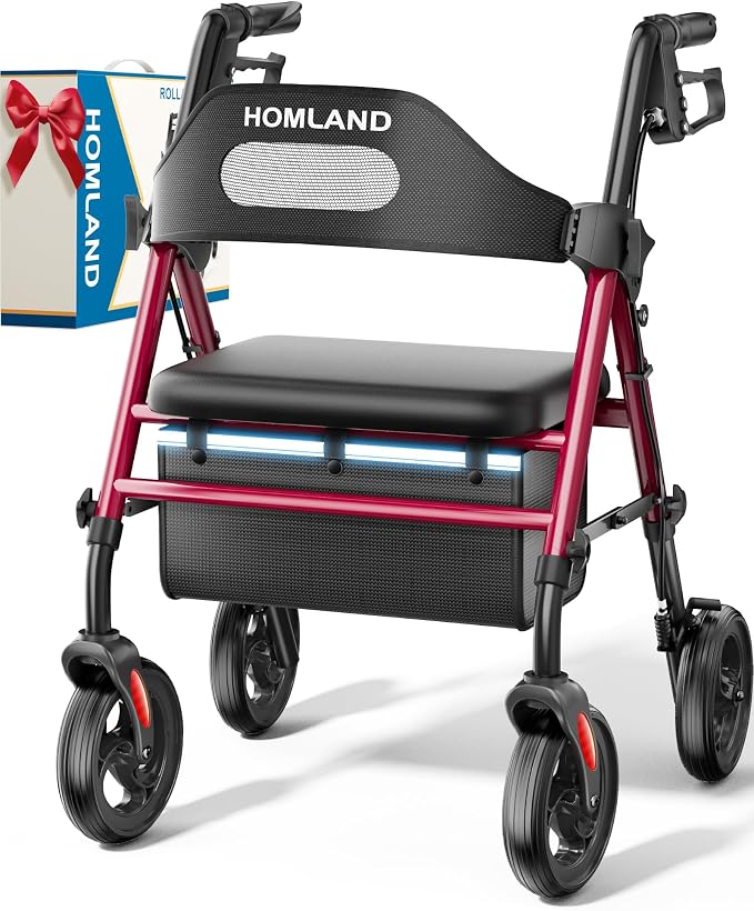 HOMLAND Foldable Rollator Walkers for Seniors with Seat, 16" Enlarged Seat | 8" Big Wheels, 16"×12"x1.9" Thick Padded Seat, Adjustable Seat & Handle Height, Tool-Free Assembly, All Terrain Mobility Aid