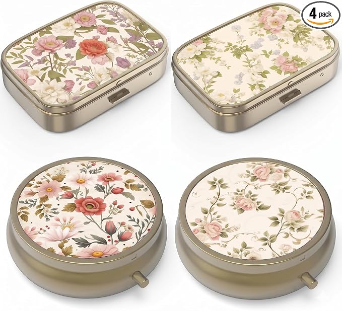 Pill Organizer Pill Box with Mirror Retro Small Pill Case for Purse or Pocket Bronze Pill Box or Vitamins, Fish Oil, Supplements, Pill Containe Travel Gifts（4PCS-Retro Floral）