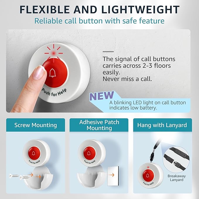 Caregiver Pager Wireless Nurse Call Buttons for Elderly Monitoring SOS Alert System Portable Alarm Call Bell for Nursing Home Care Seniors Patients Emergency