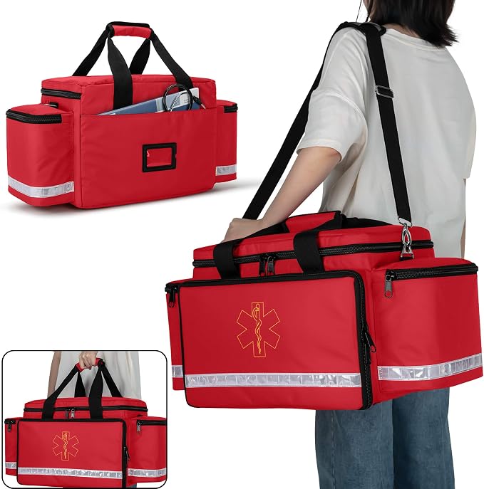 Trunab Trauma Bag with Dividers, EMT First Aid Pouch Medical Bag Empty,Red | No-Scratch Bottom, Ideal for EMS/Paramedics, Empty Bag for Customizable Layout