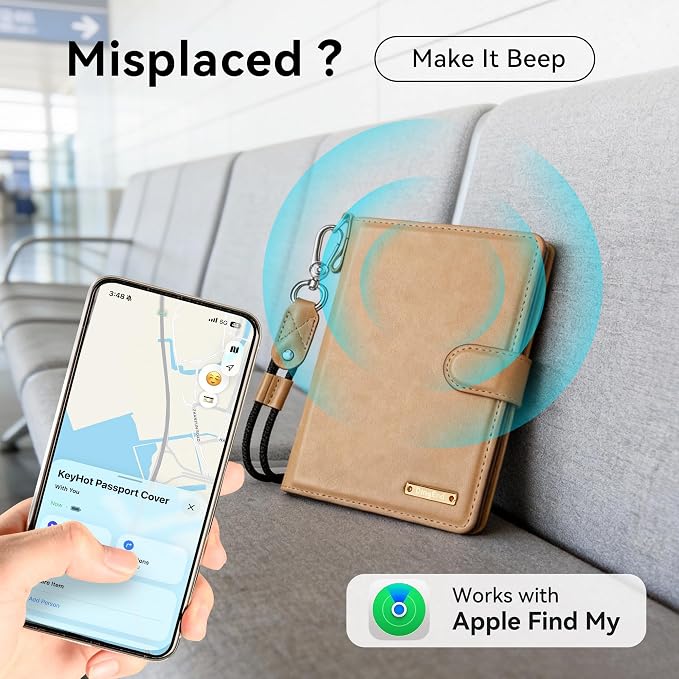 Trackable Passport Holder for Travel, RFID Blocking Wallet, Brown | Rechargeable PU leather cover works with Apple Find My and is Apple MFi certified; it includes card storage and a lanyard.