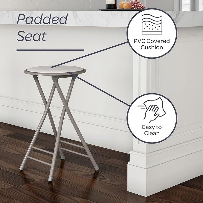 Lavish Home Folding Stool with Padded Backless Seat, White, 24 Inch | Counter Height Bar Stools with 225lb Capacity, Portable Indoor & Outdoor, Extra Seat for Kitchen, Rec Room or Camping