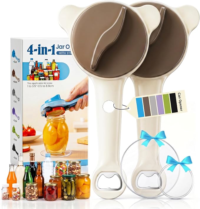 2026 Upgraded 4-in-1 Jar Opener - Adjustable Stainless Steel Lid Remover for Seniors & Arthritis Sufferers, Fits Kitchen Jars, Bottles & Cans Brown(2Pcs)