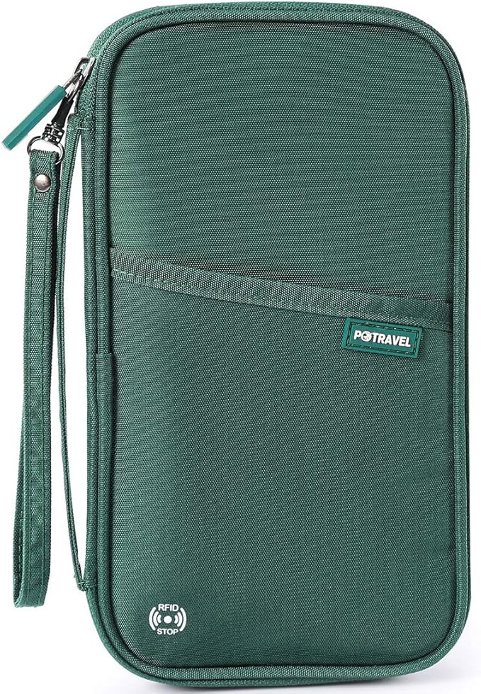 VanFn RFID Travel Passport Wallet, Family Passport Holder, Trip Document Organizer P.Travel Series (Nylon - Green)
