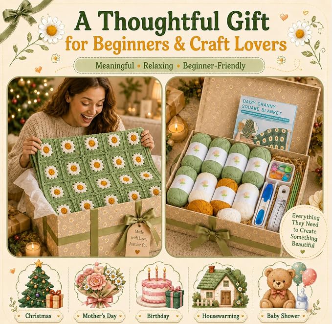 Coopay Crochet Kit for Beginners Adults, Large Granny Square Blanket Kit | Step-by-Step Guide Book & Video Tutorial, 1200g Anti-Pilling Yarn, Ideal Crochet Gift for Family & Beginners