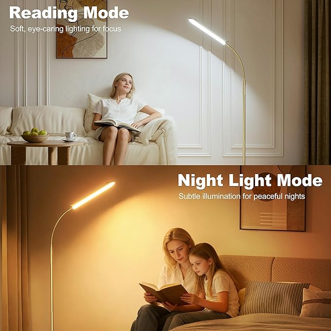 Dimmable LED Floor Lamp, Super Bright Reading Lamps Floor Standing lamp with Remote & Touch Control, Stepless Dimming & 2700K-6500K Color Temperature, for Living Room Bedroom Office, Gold