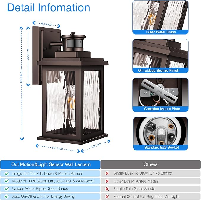 VIANIS Exterior Light Fixture with Motion Sensor, Outdoor Porch Lights | Anti-Rust Aluminum, Easy to Install, Tempered Glass, 2 Packs Oil Rubbed Bronze Dusk to Dawn Wall Lanterns for Garage Entrance