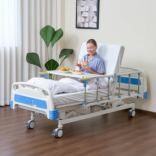 ELENKER Full Electric Hospital Bed for Home Use, ICU Medical Bed, Premium 3 Function Hospital ICU Bed with Remote Control, IV Pole, Mattress, Dining table, Lockable Quiet Casters, Includes Sheets (2X)