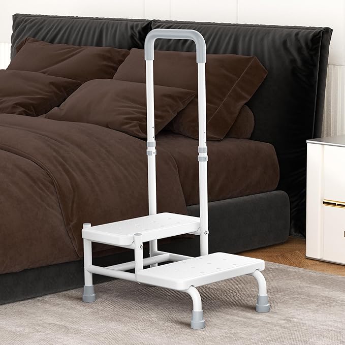 2 Step Stool with Handle Step Stool for Bed with Adjustable Handrail Bed Steps for High Beds for Adults, Seniors, Hold up to 400LBS (White)