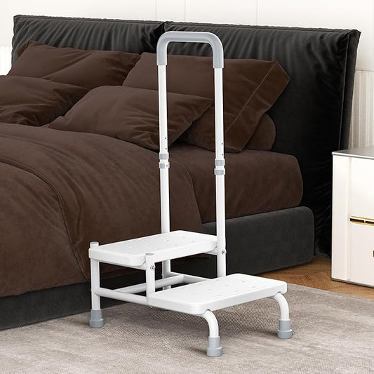 2 Step Stool with Handle Step Stool for Bed with Adjustable Handrail Bed Steps for High Beds for Adults, Seniors, Hold up to 400LBS (White)