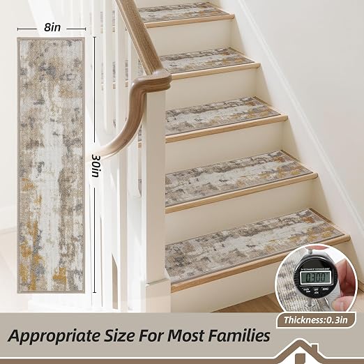 BEQHAUSE Stair Treads for Wooden Steps, 8"X30", 4pcs, Beige/Grey | Non-Slip Machine Washable Carpet Stair Treads, TPE Backing, 100% Polyester, Soft Indoor Stair Runner for Kids Elders and Pets
