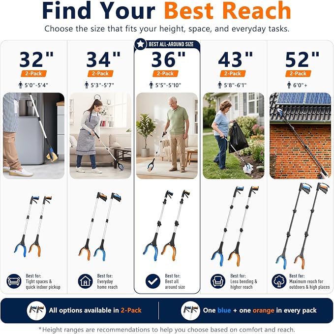 36 Inch Foldable Grabber Reacher Tool, 2 Pack for Seniors | Standing aid, grabbers for seniors 5'5"-5'10". Aluminum, folds to 12.5 in, reaches 36 in. Reacher grabber pickup tool, 2-pack
