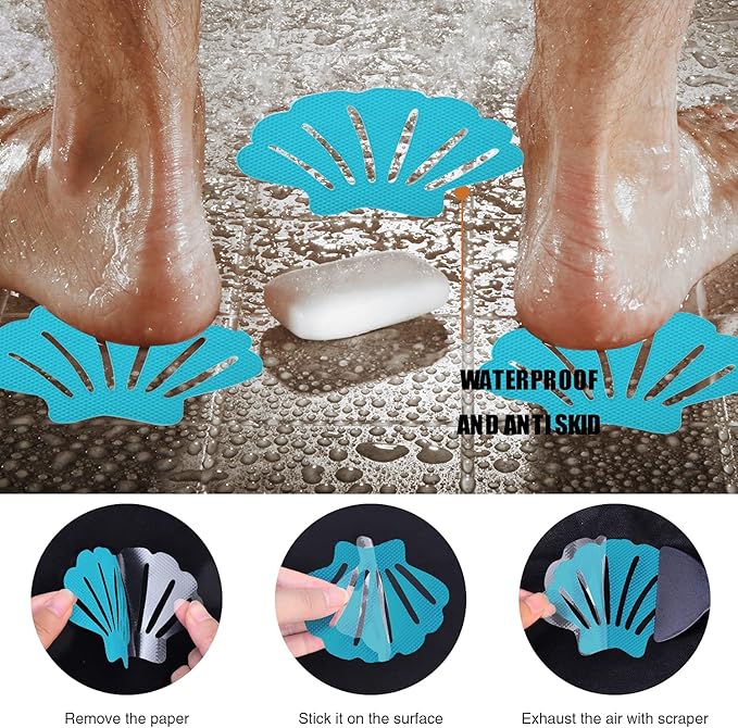 Non-Slip Bathtub Stickers, 24 PCS Shell Safety Bathroom Tubs Showers Treads Adhesive Decals Scraper (Blue)