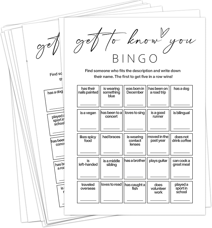 Office Bingo Cards, 25 Unique Randomized 5x7 Sheets, Get to Know You Bingo Game for Adults, Ice Breaker Office Party Games, Team Building Games for Work, High Replay Value - B005