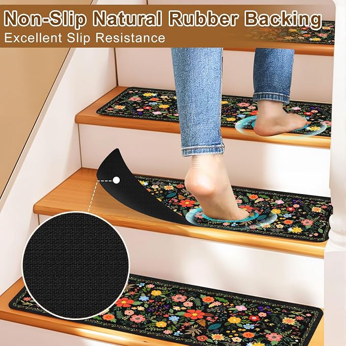 Floral Stair Treads for Wooden Steps Non-Slip 8"X30" 15PCS Flower Stair Carpet Rubber Backing Stair Runner Reusable Stair Rugs Indoor Safety Stair Mats for Elders Kids Dogs Black