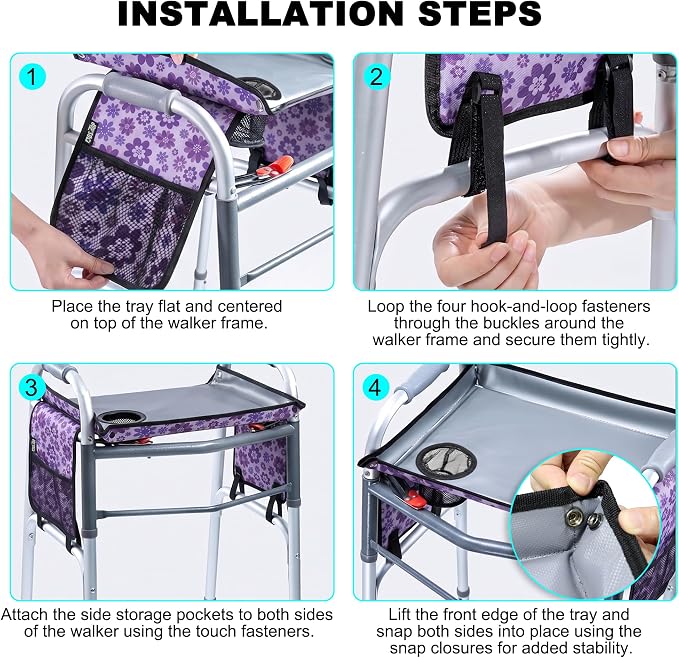 Walker Tray for Folding Walker with Cup Holder, Detachable Tray for Walker, Walker Accessories for Senior with Non-Slip Mat, Universal Fit for Meals, Drinks, Reading,Laptop (Purple with Side Pockets)