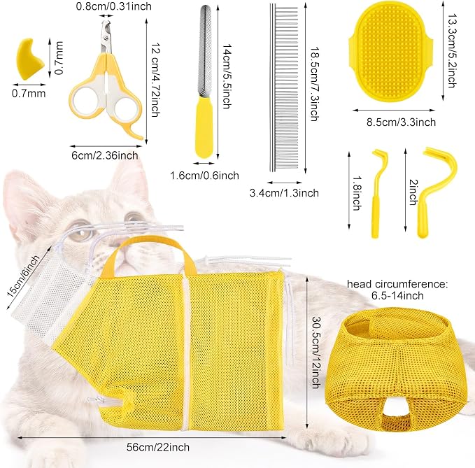 9 Pcs Cat Bathing Bag Set Cat Shower Bag Anti Bite and Scratch for Pet Grooming Washing Brush Comb Muzzle Nail Clipper Nail File Tick Tool (Yellow)