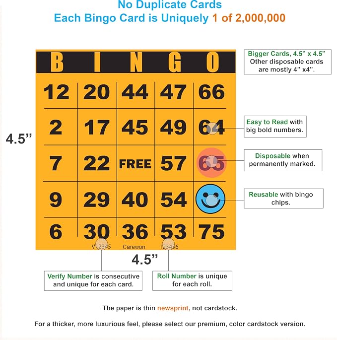 100 Bingo Cards, Large 4.5 x 4.5 Inch, Orange, Paper Bingo Sheets | 8 Color Options, Premium Cardstock, Disposable with Daubers or Reusable with Chips — Proudly Made in USA