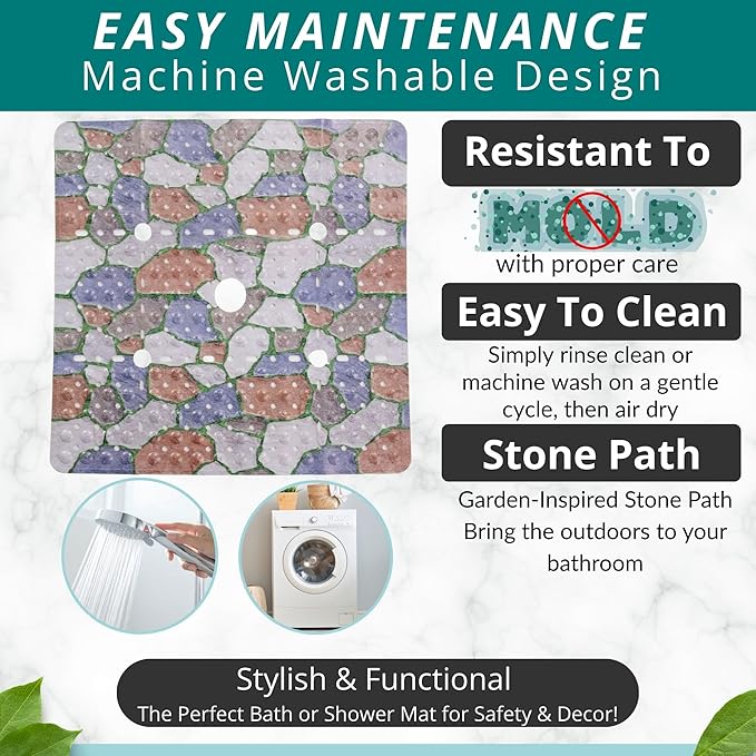 ENKOSI Square Shower Mat 27x27 inch - Anti Slip Shower Stall Floor Mat - Non Slip Shower Mats with Strong Secure Suction Cups and Drain Holes in Middle (27x27 Stone Path)