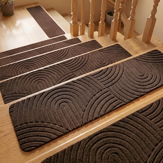 Dunzy Non Slip Stair Treads for Wooden Steps Indoor 15 Pack 8"x30" Boho Stair Treads with Reusable Adhesive Runner Rugs, 3D Peel, for Elders and Dogs, Pets, Coffee