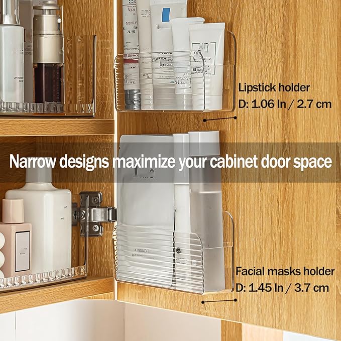 MORNITE Bathroom Medicine Cabinet Organizer Set, Small Narrow Compact Shelves Holder Compartments for Lipstick, Facial Mask, 2 Pcs Trays for Cabinet Wall, Vanity - Clear