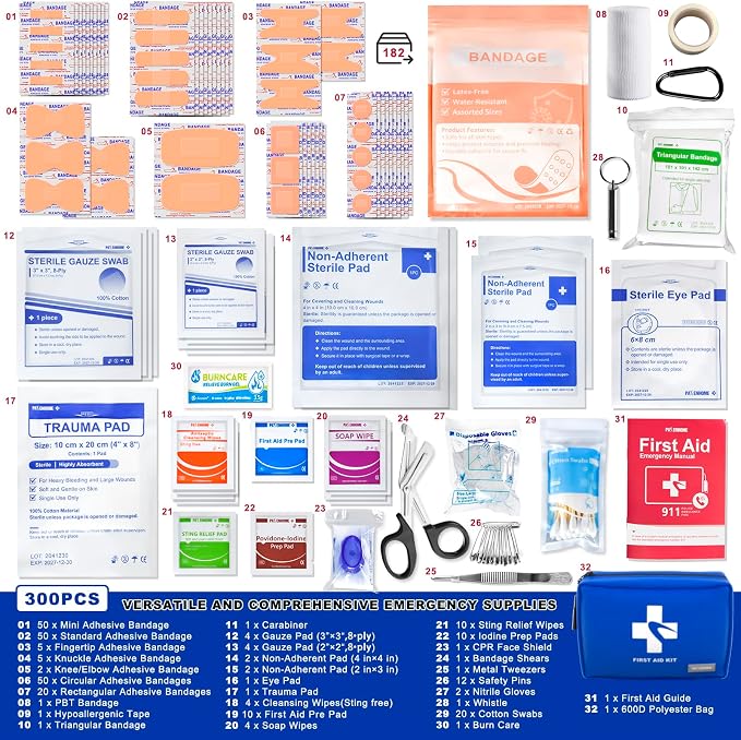 300 Piece First Aid Kit, Compact Waterproof First Aid Bag with 9 Organized Compartments, Portable Emergency Supplies Kit for Outdoor, Camping, Hiking, Car, Home, Travel, Office