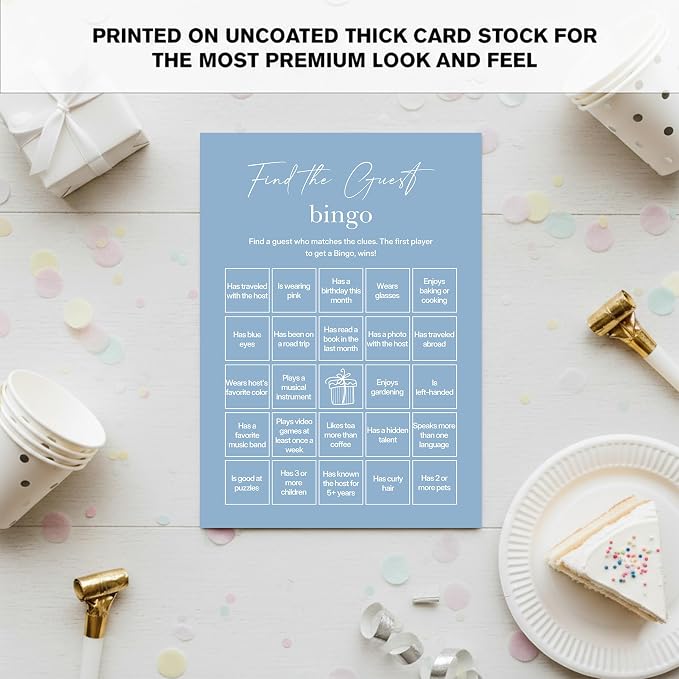 Find The Guest Bingo Cards – 25 Unique Cards, Icebreaker Party Games for Adults, Rustic Blue Mingle Activity for Birthday Parties, Family Reunions, Office Events & Friendsgiving