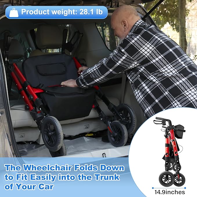 Walkers for Seniors,Heavy Duty Rollator Walker Wheelchair Combo, 2 in 1 Rollator Transport Chair with Brakes, 450 lb Rolling Walker 10" Big Wheels for All Terrain, Red