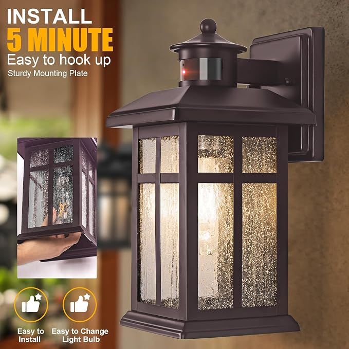 Exterior Light Fixtures Motion Sensor Wall Mount Oil Rubbed Bronze | Exterior Wall Mount with E26 Sockets & Tempered Glass, Waterproof Outdoor & Indoor Lights for House, Porch, Garage, White