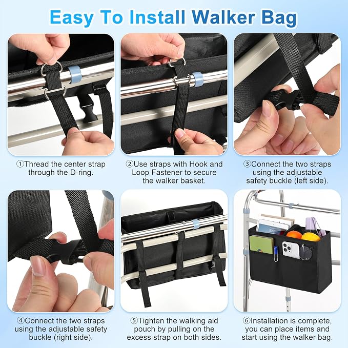 Rhino Valley Walker Basket for Walkers Accessories for Seniors,Black | Basket for Walkers with Multi Pockets, Hand-free Carry Pouch Storage Bag Walker Accessories for Universal Walkers for Seniors