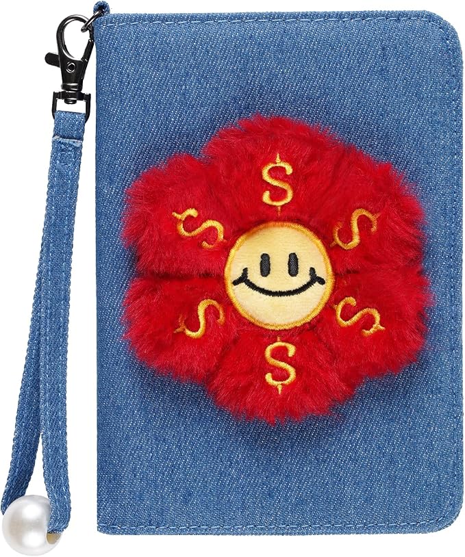 Passport Cover, with Doller Flower Design, Red Floral Plush Doll Cover Passport Wallet, Decorative Wrist Srap, Artificial Pearl Wristlet Band, Smiley Face, Denim Passport Holder