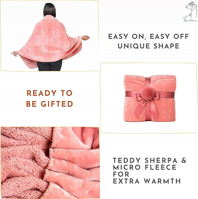 Premium Double Layer Wearable Blanket for Women -No Sleeves- Shawl with Pockets- Wrap Blanket- Gifts for Grandma (Powder Pink)