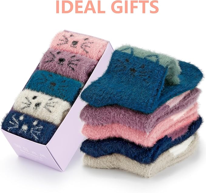 SISOSOCK Fuzzy Socks for Women Cute Cat Paw 5 Pairs Winter Fluffy Cozy Plush Slipper Socks With Gift Box for Women Girls Gifts