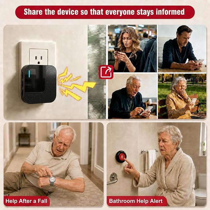 SanJie WiFi Caregiver Pager with Remote App Alerts & Family Sharing, IP55 Water-Resistant Call Button for Elderly at Home, Recovery Care & Night Care, 110dB Loud Alarm & 20 Chimes (Only 2.4GHz Wi-Fi)