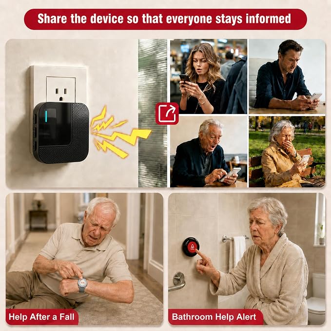 SanJie WiFi Caregiver Pager with Remote App Alerts & Family Sharing, IP55 Water-Resistant Call Button for Elderly at Home, Recovery Care & Night Care, 110dB Loud Alarm & 20 Chimes (Only 2.4GHz Wi-Fi)