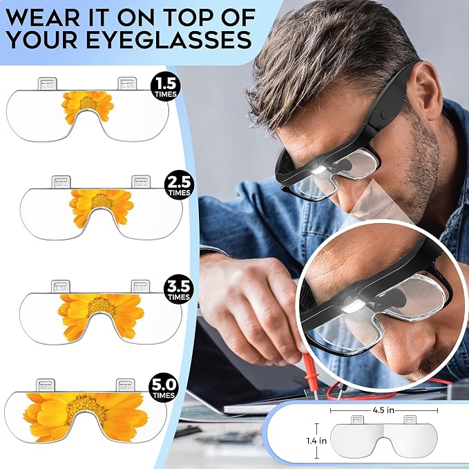 Dilzekui Magnifying Glass w/Light,1.5X-5X Magnifying Glasses Acrylic Lenses | Rechargeable Light with 2 Levels, Type-c Charged, 2 Wearing Ways, Hands free Headband Magnifier for Close Work Craft Hobbies