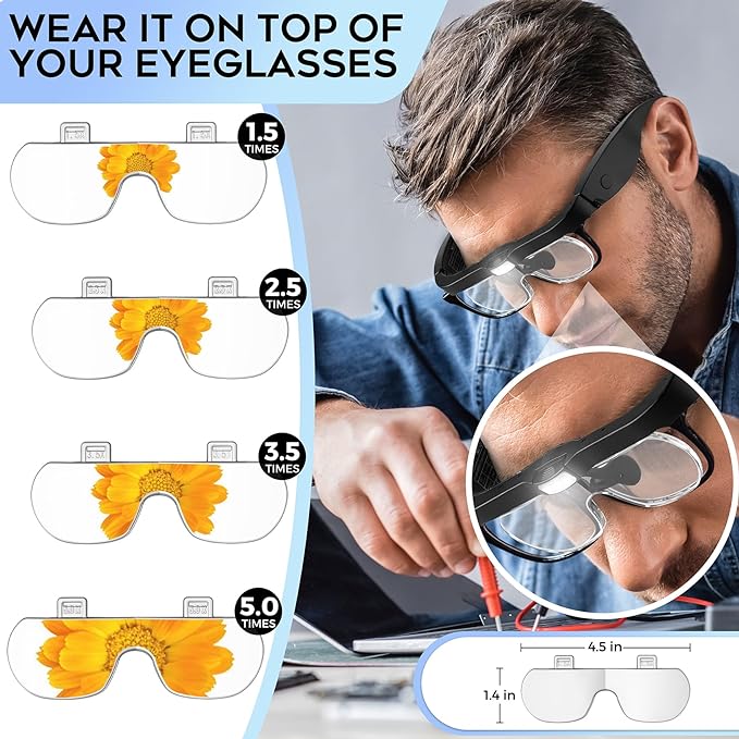 Dilzekui Magnifying Glasses w/Light,1.5X-5X Magnifying Glass Acrylic Lenses | Storage Case, Type-c Charged, Elastic Headband Magnifier, Handsfree Worn with Glasses for Close Work Craft Hobby Cross Stitch
