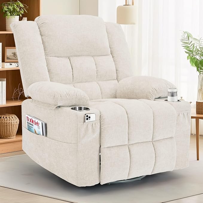 Korser 360° Swivel Rocker Recliner for Adults, Nursery Glider Recliner with Massage and Heating, Rocking Chair with Cup Holder, Manual Recliner Chair for Living Room, Bedroom (Fabric, Beige)