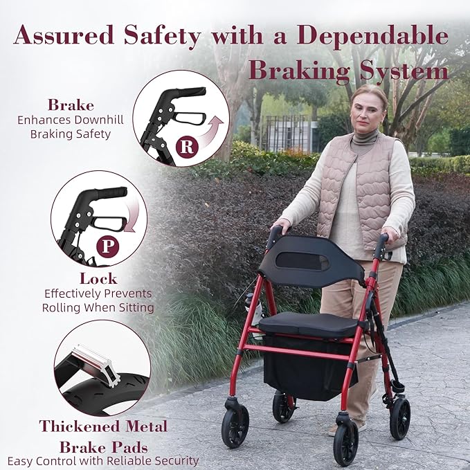 Walkers for Seniors, Foldable Rollator Walker with Seat, 8" Big Wheels, Lightweight Rollator Walker with Ergonomic Backrest, Adjustable Handles and Seat Height, 310 Lbs Weight Capacity, Red