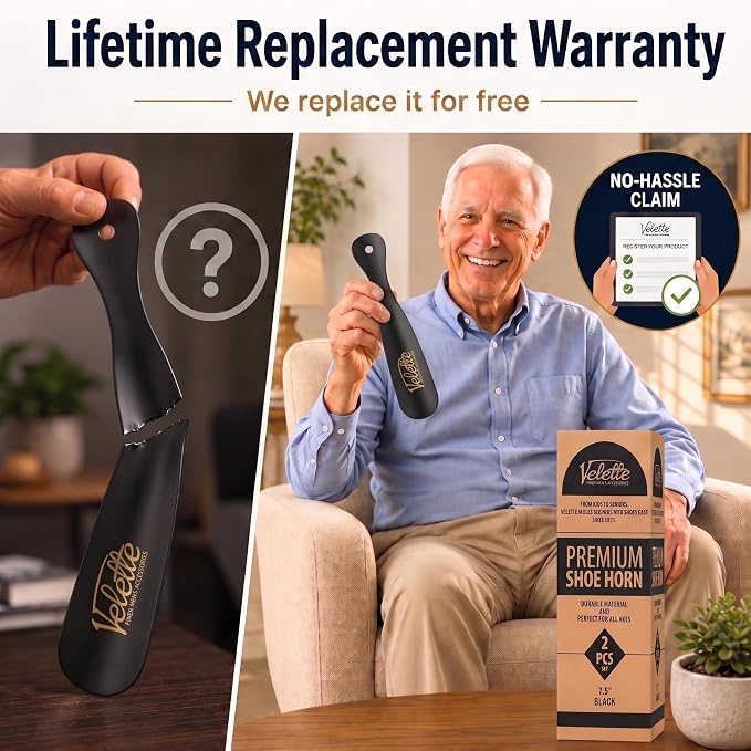Velette Metal Shoehorn - 2 Pack 7.5" Long Shoe Horn, Travel Shoe Horn for Kids, Men & Women - Stainless Steel Shoes Helper, Spoon, Travel Size Shoehorn for Boots, Shoes, Sneakers & Heels - Black