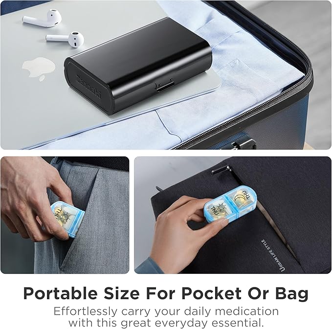 Zannaki Metal XL Weekly Pill Organizer 2 Times a Day, Large Travel Daily Pill Box 7 Day, Portable Week Twice Pill Holder Container, AM PM Pill Case for Medicine Vitamin Medication Supplement, Black