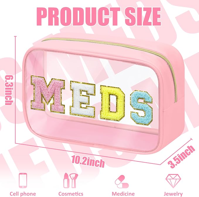 BuyCard Clear Meds Chenille Letter Nylon Makeup Bag - Portable Preppy Patch Cosmetic Toiletry Travel Storage Medicine Bag With Zipper for Women Girls Pink