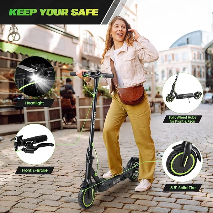 Electric Scooter for Adults, Folding E Scooter with 500W Motor 19 Mph Top Speed 18 Miles Range, 8.5" Solid Tires Folding Commuting Motorized Kick Scooter (Green - 7.8AH Battery Dual Rear Suspension)