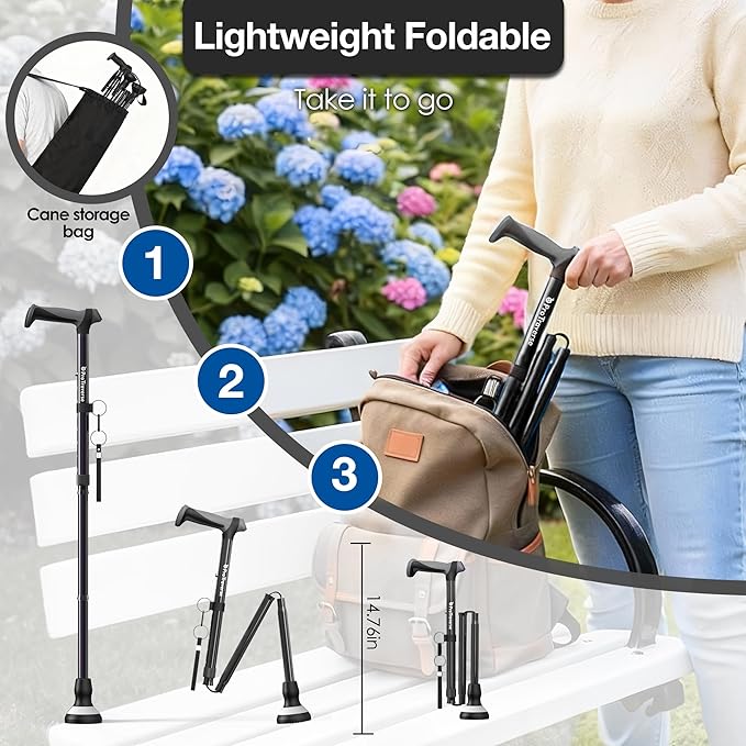 Walking Cane for Men & Women,Foldable,Adjustable,Self Standing Cane with Wrist Strap&Tag,350lbs Heavy Duty,All Terrain,Collapsible Walking Sticks for Seniors & Adults,Black