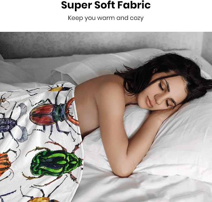 Colorful Beetle Insect Print Blanket 60"x80" - Ultra Soft Flannel Fleece Throw for Adults & Kids, Bug Lover Gift, Cozy Lightweight Blankets for Couples & Children, All-Season for Bed/Couch/Camping