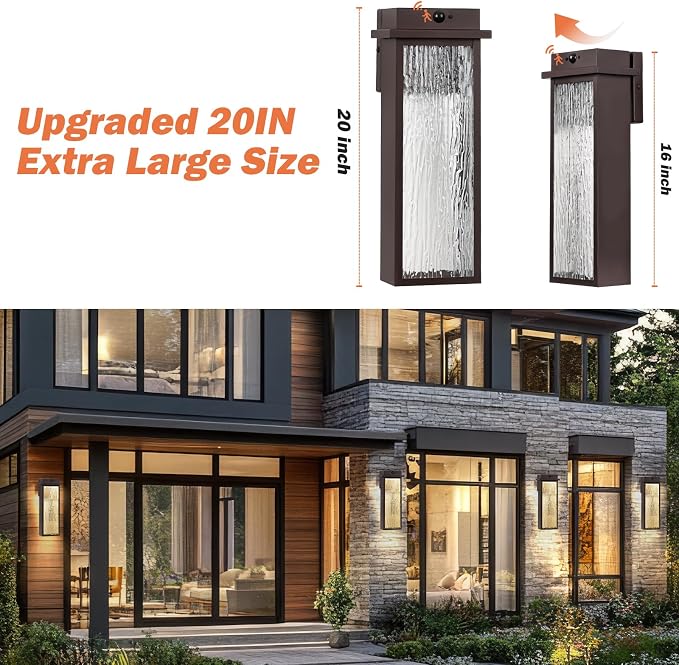 VenzBlomia 20” Large Brown Motion Sensor Dusk to Dawn Outdoor Wall Sconces | 2 Pack Oil Rubbed Bronze Outdoor Wall Lights with Water Ripple Glass, Weather Resistant Modern Elegance, Soft Warm Glow