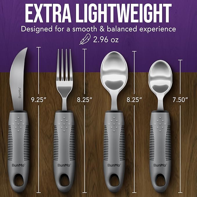 BUNMO Adaptive Utensils for Elderly, Arthritis, Weak Hand Grip & Handicapped - 4 Piece Set - Convenient Travel Pouch - Lightweight - Arthritis Gifts for Seniors Over 80 - Gifts for Disabled Adults
