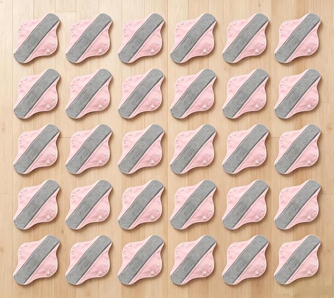 Reusable Washable Cloth Pads for Women, Leak-Proof Breathable Sanitary Pads, Absorbent Incontinence Pads for Daily & Postpartum Use (Pink, 30 Pack)