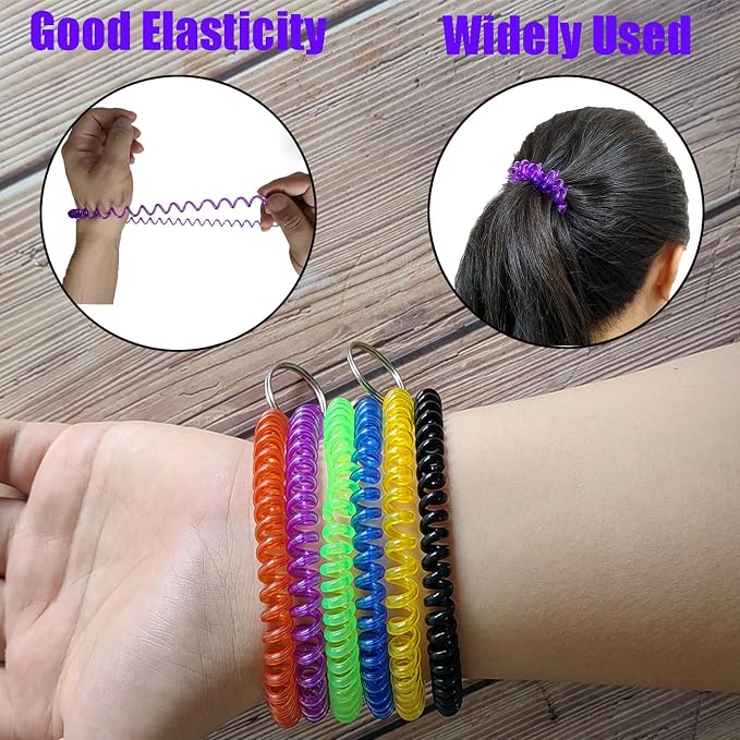 10 Pieces Wrist Coil Keychain Spiral Key Ring, Clear Purple | Wristband Bracelet Key Holder for Pool Gym ID Badge