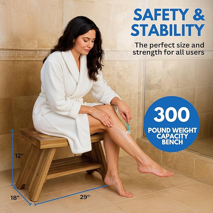 EcoDecors 30 Inch Serenity Teak Shower Bench – Waterproof Bathroom Seat with Large Storage Shelf For Adults & Seniors | Spa-Style Teak Wood Stool with Non-Slip Feet, Elegant Finish, 300 Pound Capacity